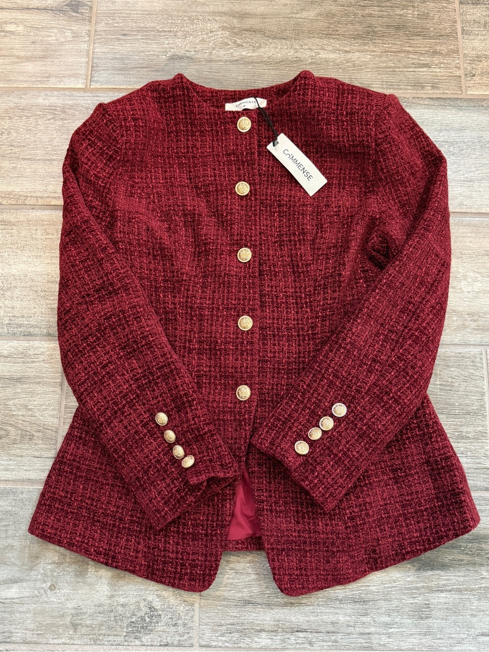Commense Burgundy Button Down Slit Tweed Blazer - Picture 7 of 11